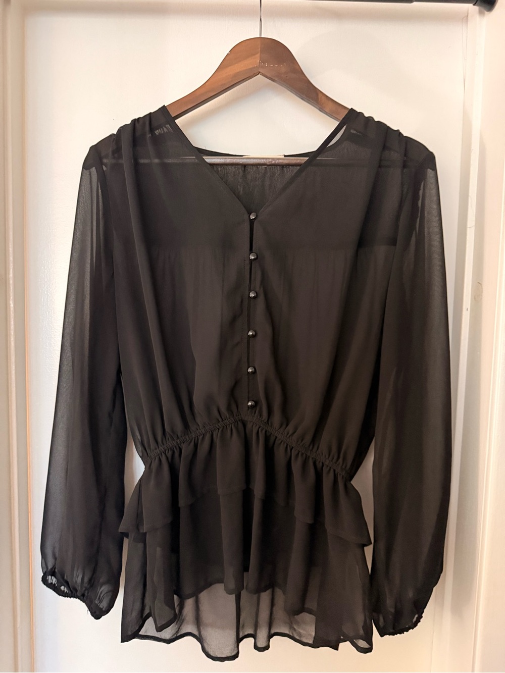 Pleione Black Sheer Button-Peplum Blouse